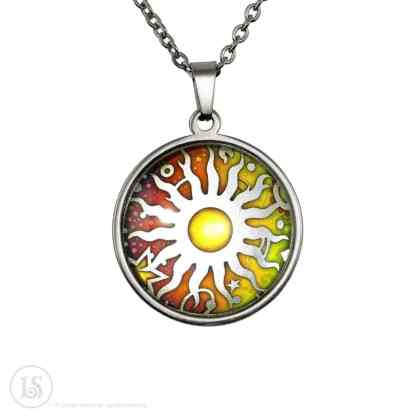 Amuletti riipus Liz sabol Celestial sun Aurinko symboli kaulakoru Pakana kauppa Teräskorut Korulahja Mystiikka kauppa