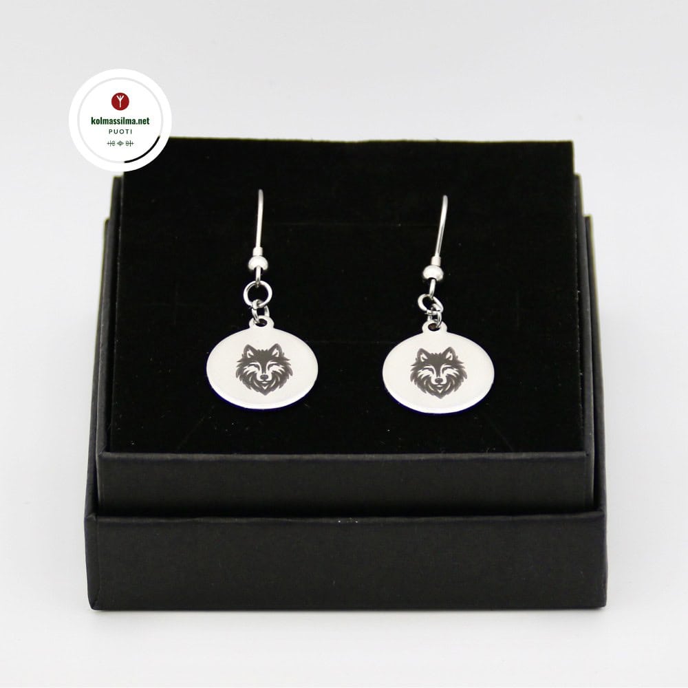 Korvakorut Susi voimaeläin Kolmas Silmä Jewelry teräskorut Käsintehtyjä koruja Korulahja naiselle miehelle Voimakoru Mytologia korut Shamaani amuletti Noitapuoti Mystiikka kauppa Suomalaiset korut