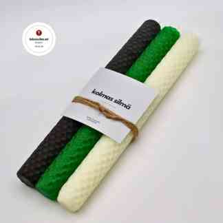 Käsintehdyt Mehiläisvahakynttilät Musta valkoinen vihreä Suomalaisia kynttilöitä Mehiläisvaha kruunukynttilä