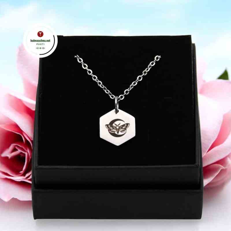 Kaulakoru Yöperhonen kuusikulmainen riipus terästä Moth symboli korut Noitapuoti Mystiikka kauppa Noita kauppa Kolmas Silmä Jewelry