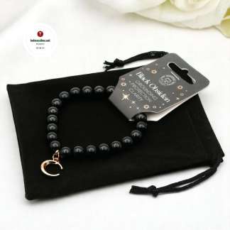 Kivirannekoru Kuunsirppi Musta Obsidiaani samettipussissa Maadoittava koru Voimakivi korut Kristalli rannekoru Magia kauppa