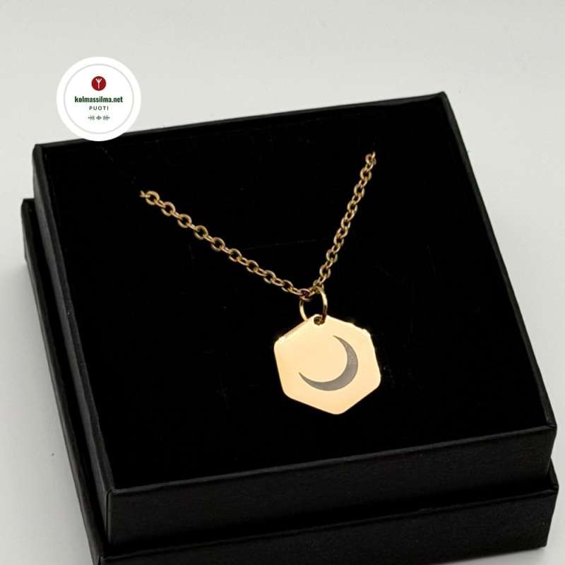 KSJ Kaulakoru Kuunsirppi kuusikulmainen kultaista terästä Sirot kaulakorut Korulahja Noidan riipus Pakanan koru Kolmas Silmä Jewelry