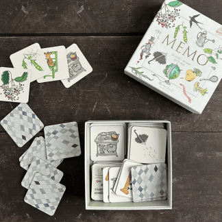 Koustrup & Co Muistipeli laatikossa Garden Joys by Theresa Jessing Muistipeli lapsille ja aikuisille puutarha kasvit linnut kukkaset