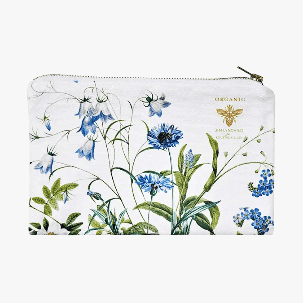 Koustrup & Co Pikkulaukku / Pussukka Blue Flower Garden by Jim Lyngvild Pieni vetoketjullinen kangaslaukku kukkakuosi meikkipussi