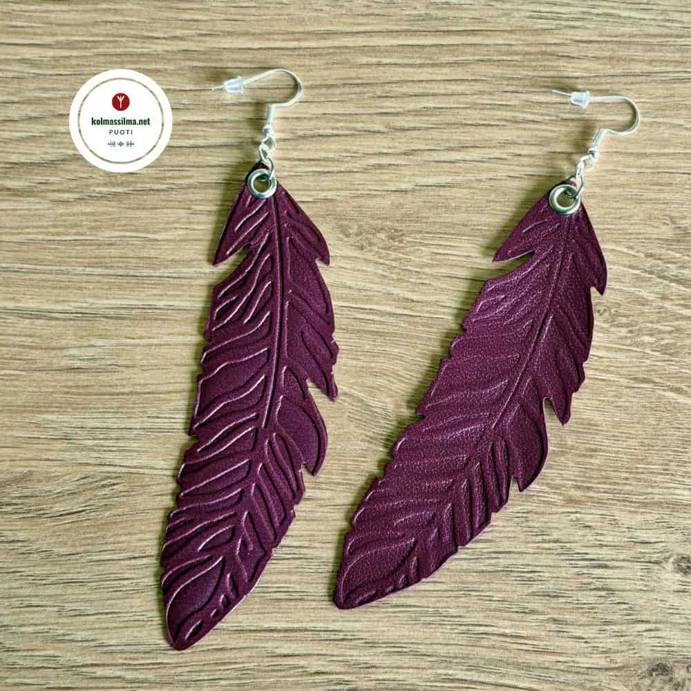 bSS Korvakorut Nahkasulka 10 cm Tumma Fuksia koukut 925 hopeaa Poronnahka sulka riipukset Näyttävät persoonalliset korvikset Handmade by Saaga S.