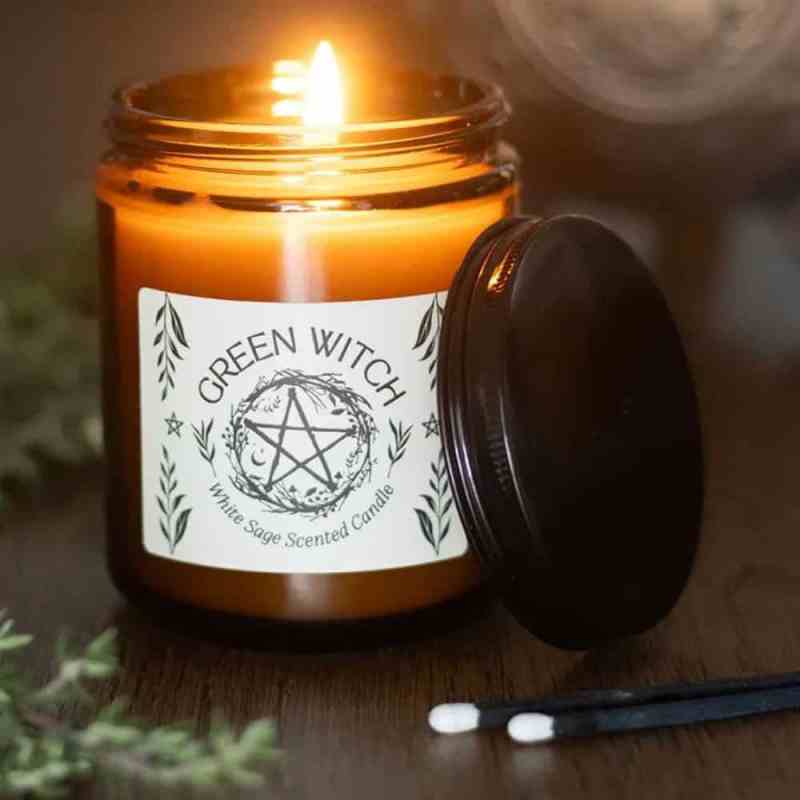 Tuoksukynttilä lasipurkissa Green Witch - Valkoinen Salvia Noitapuoti Mystiikka kauppa
