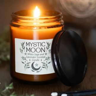 Tuoksukynttilä lasipurkissa Mystic Moon - Valkosalvia & Laventeli Noitapuoti Mystiikka kauppa